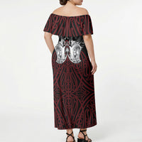 Aotearoa Kowhaiwhai Poutama Red Motif Off Shoulder Maxi Dress