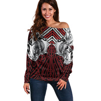 Aotearoa Kowhaiwhai Poutama Red Motif Off Shoulder Sweater