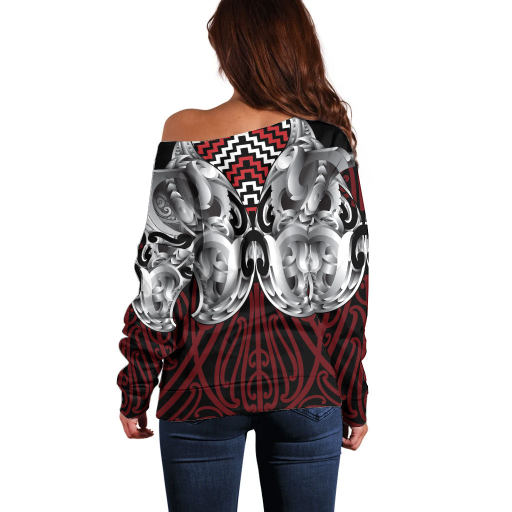 Aotearoa Kowhaiwhai Poutama Red Motif Off Shoulder Sweater
