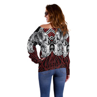 Aotearoa Kowhaiwhai Poutama Red Motif Off Shoulder Sweater
