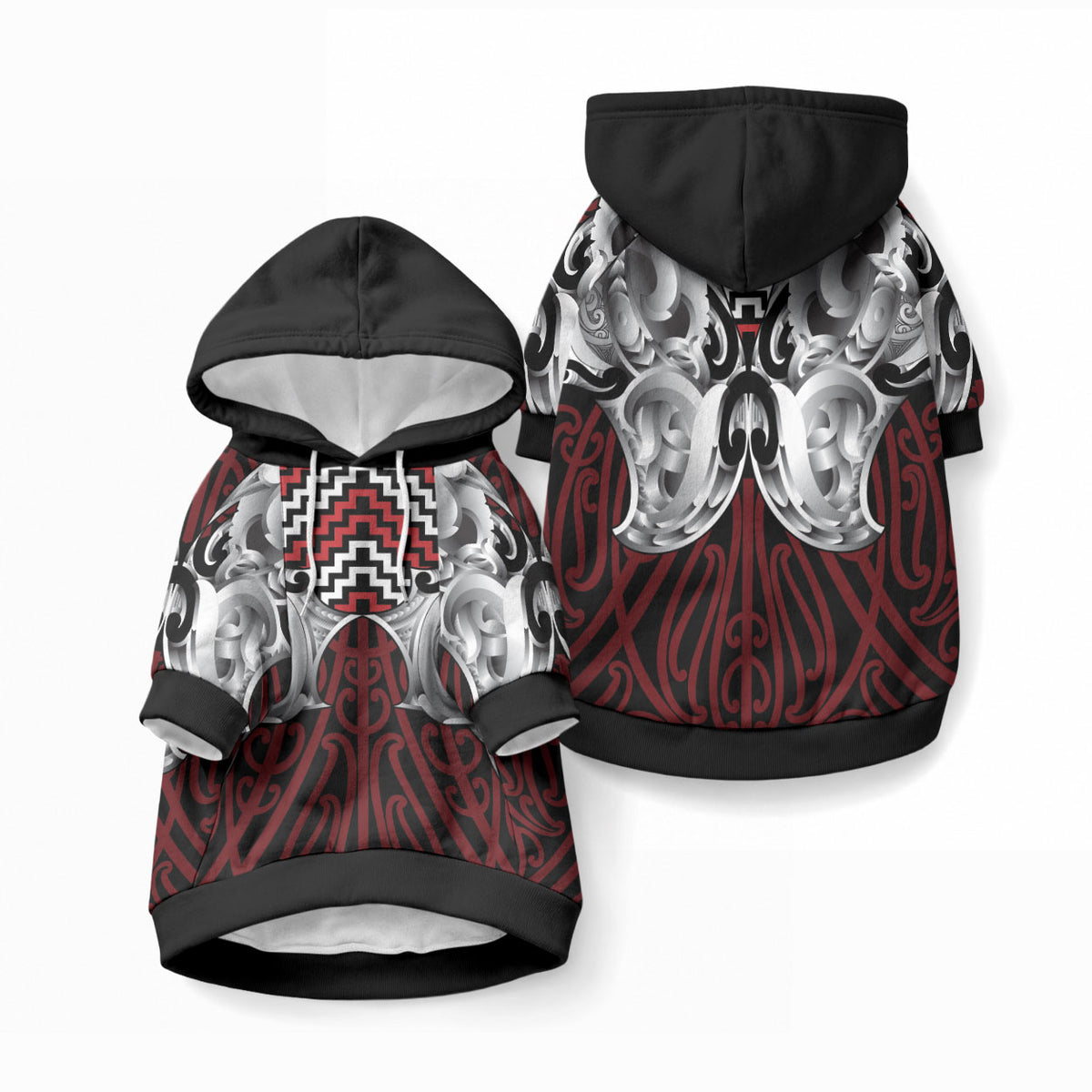 Aotearoa Kowhaiwhai Poutama Red Motif Pet Hoodie