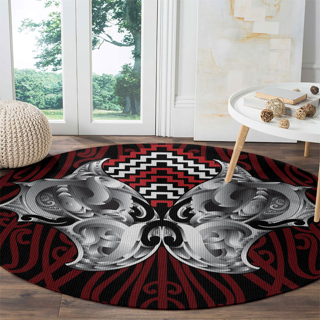 Aotearoa Kowhaiwhai Poutama Red Motif Round Carpet