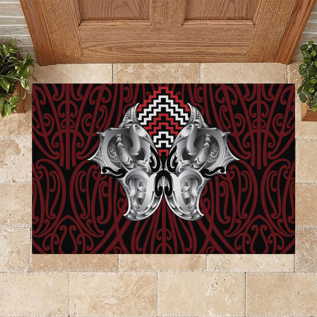 Aotearoa Kowhaiwhai Poutama Red Motif Rubber Doormat