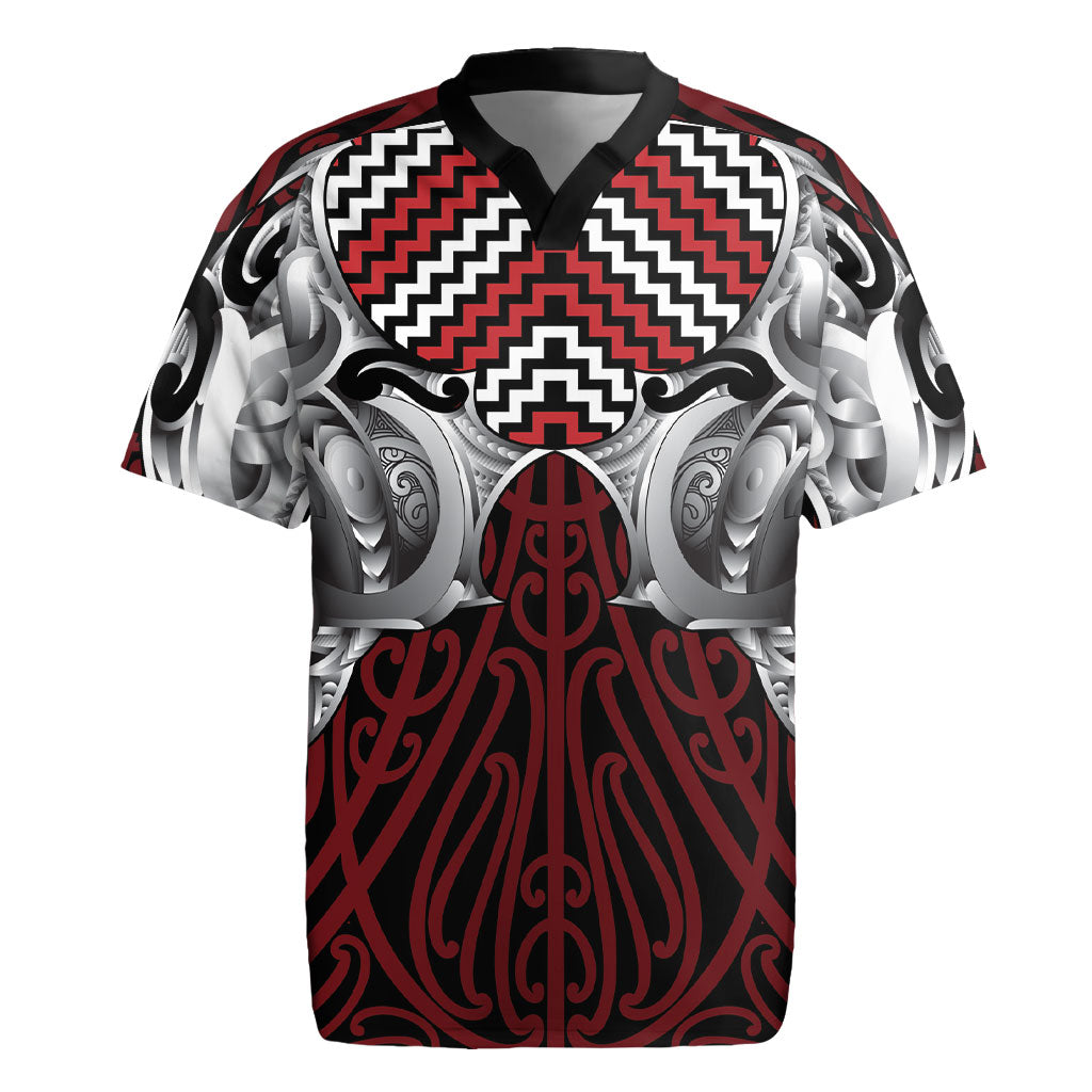Aotearoa Kowhaiwhai Poutama Red Motif Rugby Jersey