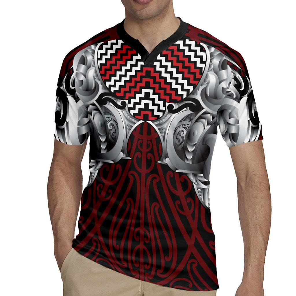 Aotearoa Kowhaiwhai Poutama Red Motif Rugby Jersey