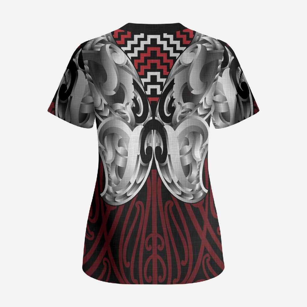 Aotearoa Kowhaiwhai Poutama Red Motif Scrub Top