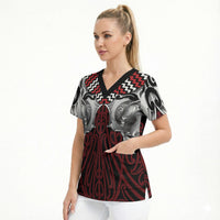 Aotearoa Kowhaiwhai Poutama Red Motif Scrub Top