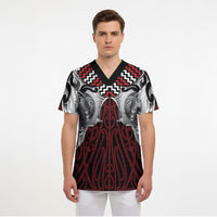 Aotearoa Kowhaiwhai Poutama Red Motif Scrub Top