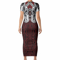 Aotearoa Kowhaiwhai Poutama Red Motif Short Sleeve Bodycon Dress LT9 - Polynesian Pride