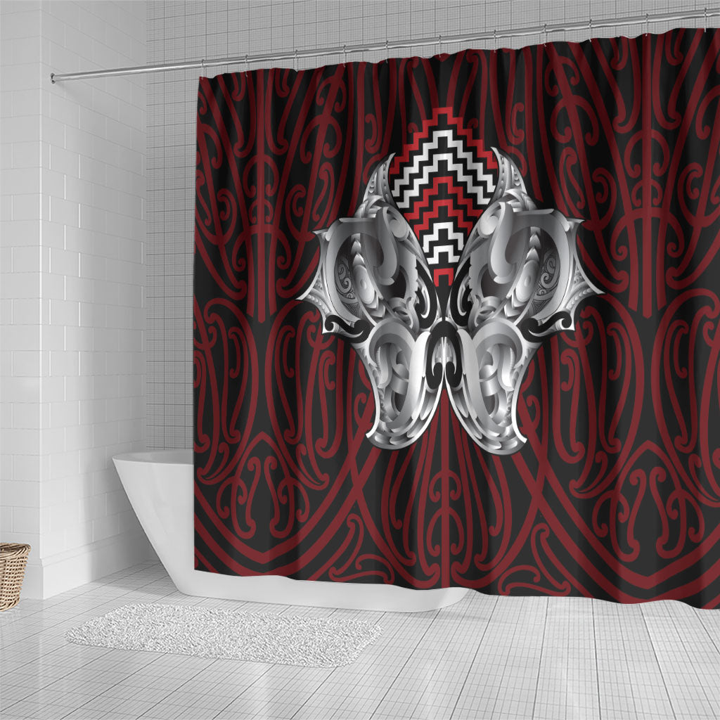 Aotearoa Kowhaiwhai Poutama Red Motif Shower Curtain