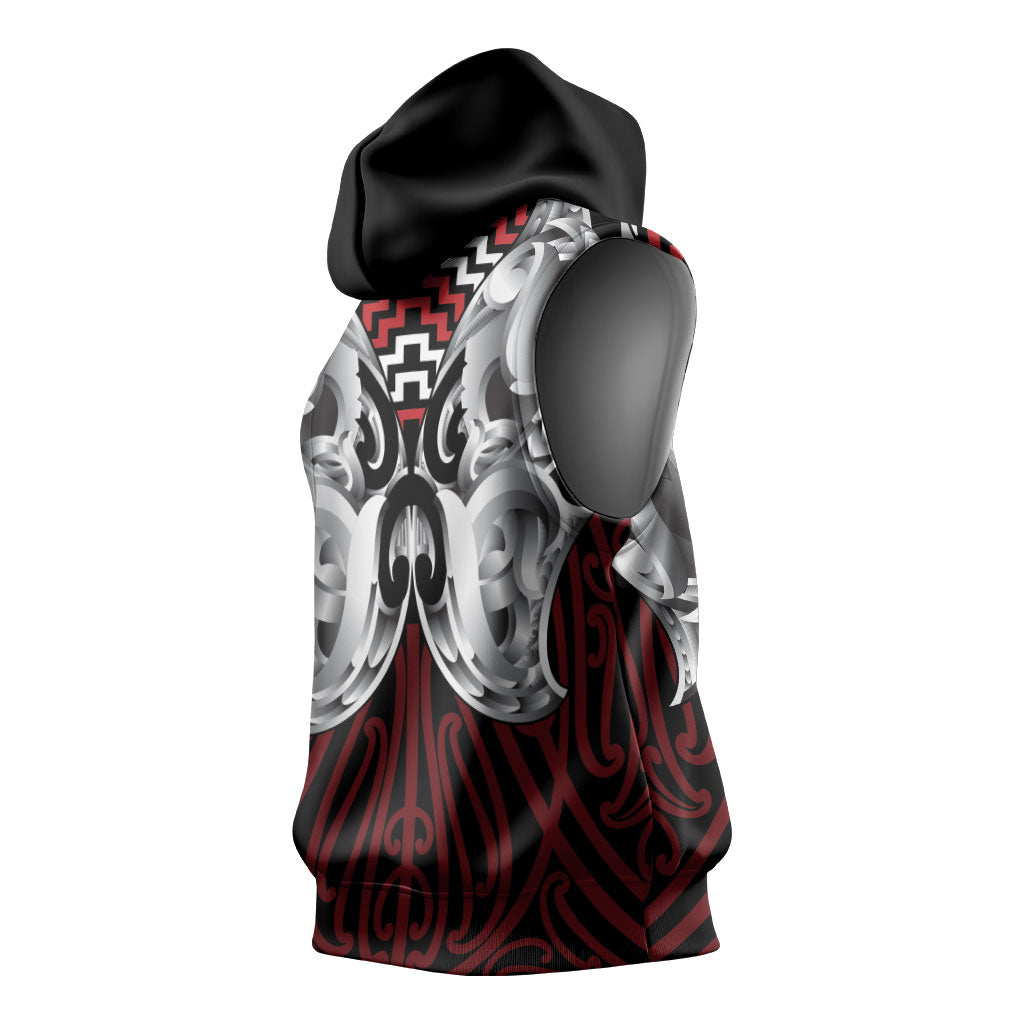 Aotearoa Kowhaiwhai Poutama Red Motif Sleeveless Hoodie LT9 - Polynesian Pride