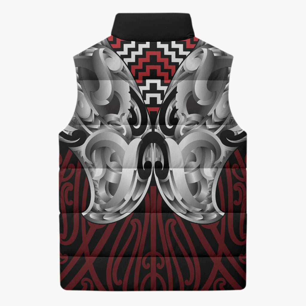 Aotearoa Kowhaiwhai Poutama Red Motif Sleeveless Puffer Jacket
