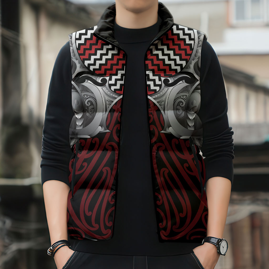 Aotearoa Kowhaiwhai Poutama Red Motif Sleeveless Puffer Jacket