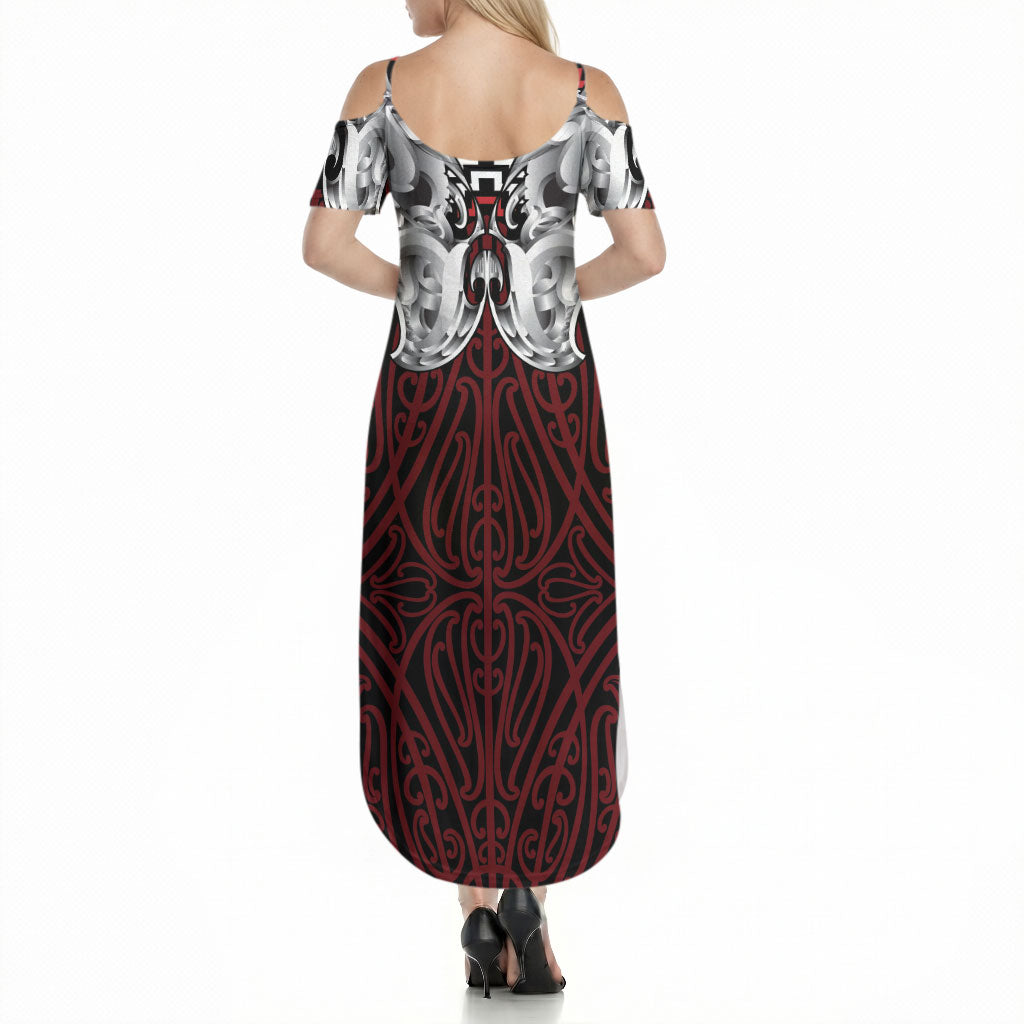 Aotearoa Kowhaiwhai Poutama Red Motif Summer Maxi Dress