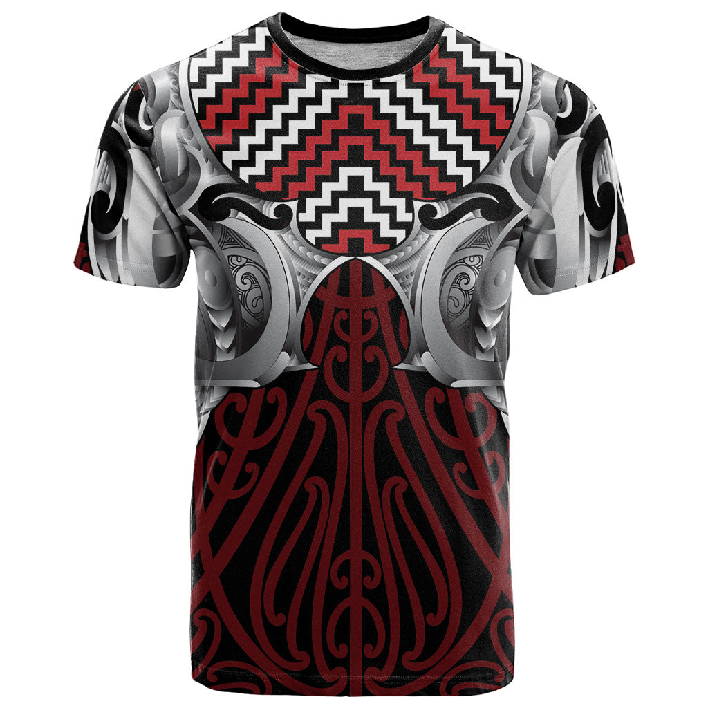 Aotearoa Kowhaiwhai Poutama Red Motif T Shirt