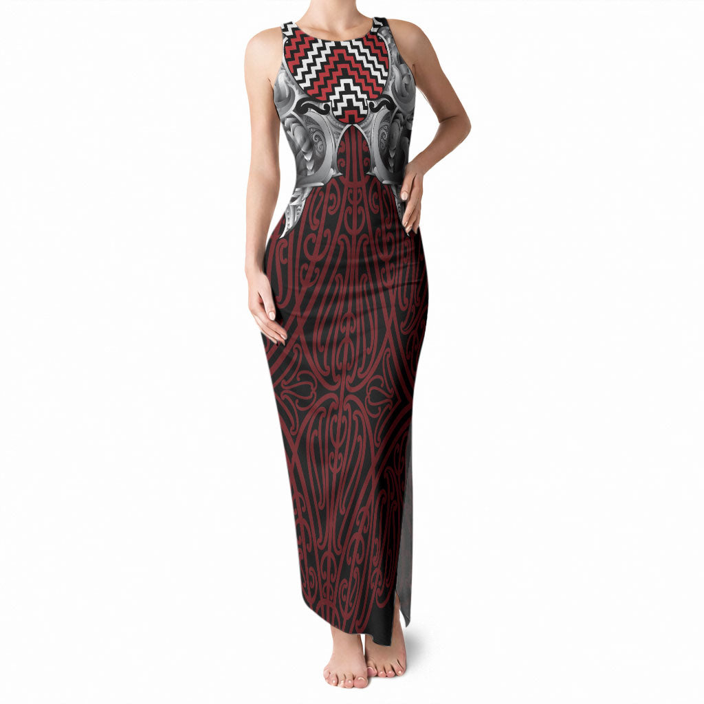 Aotearoa Kowhaiwhai Poutama Red Motif Tank Maxi Dress LT9 Women Red - Polynesian Pride