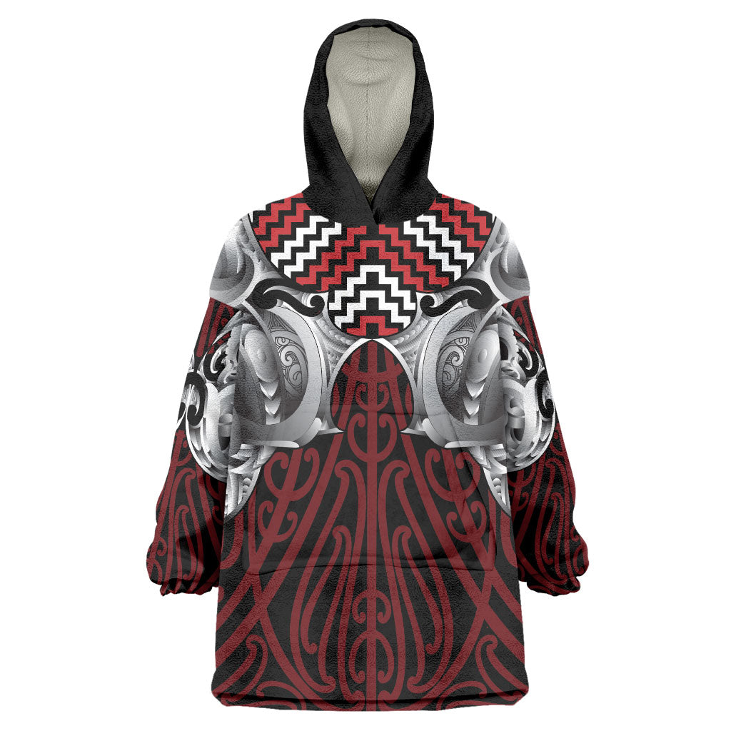 Aotearoa Kowhaiwhai Poutama Red Motif Wearable Blanket Hoodie LT9 One Size Red - Polynesian Pride
