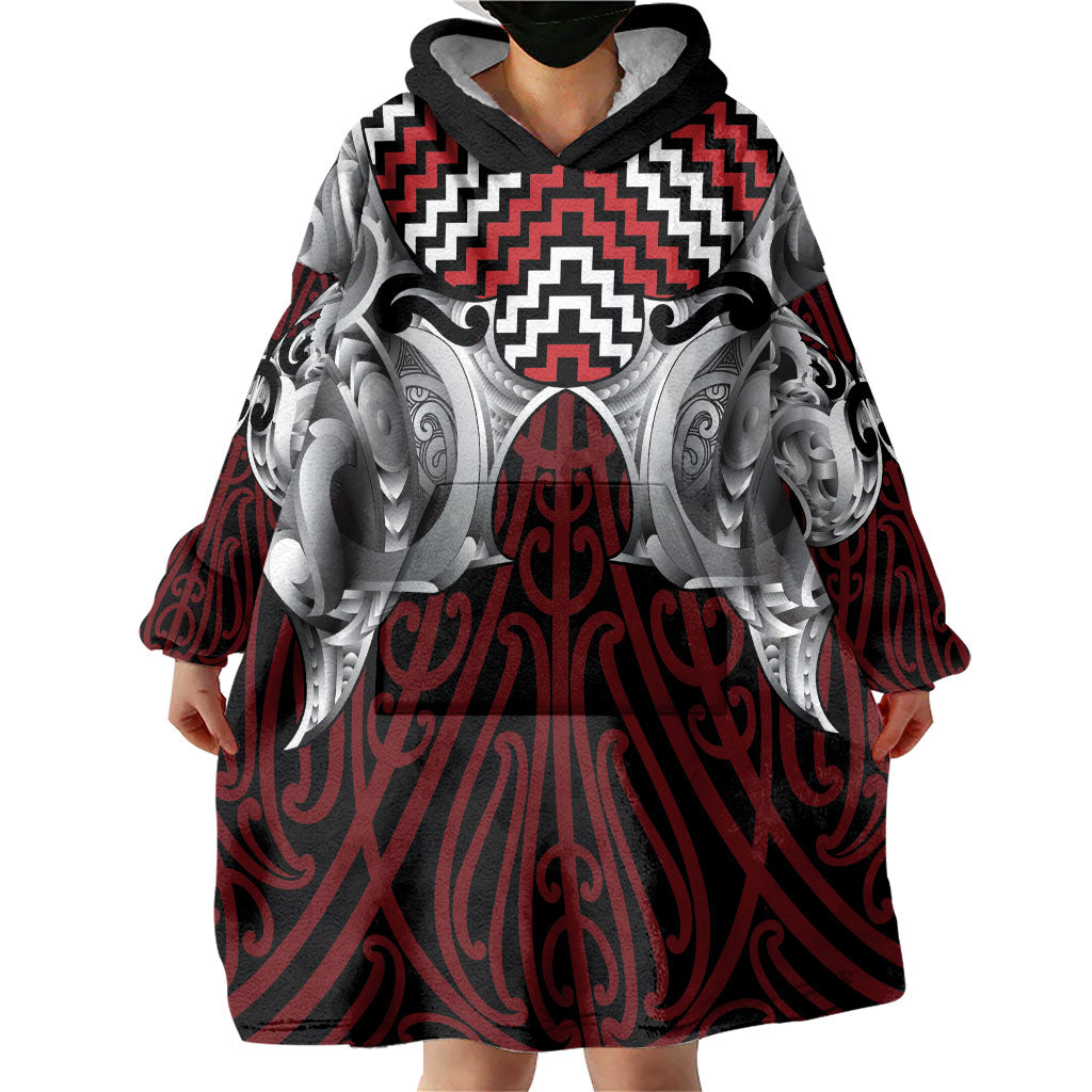 Aotearoa Kowhaiwhai Poutama Red Motif Wearable Blanket Hoodie LT9 - Polynesian Pride