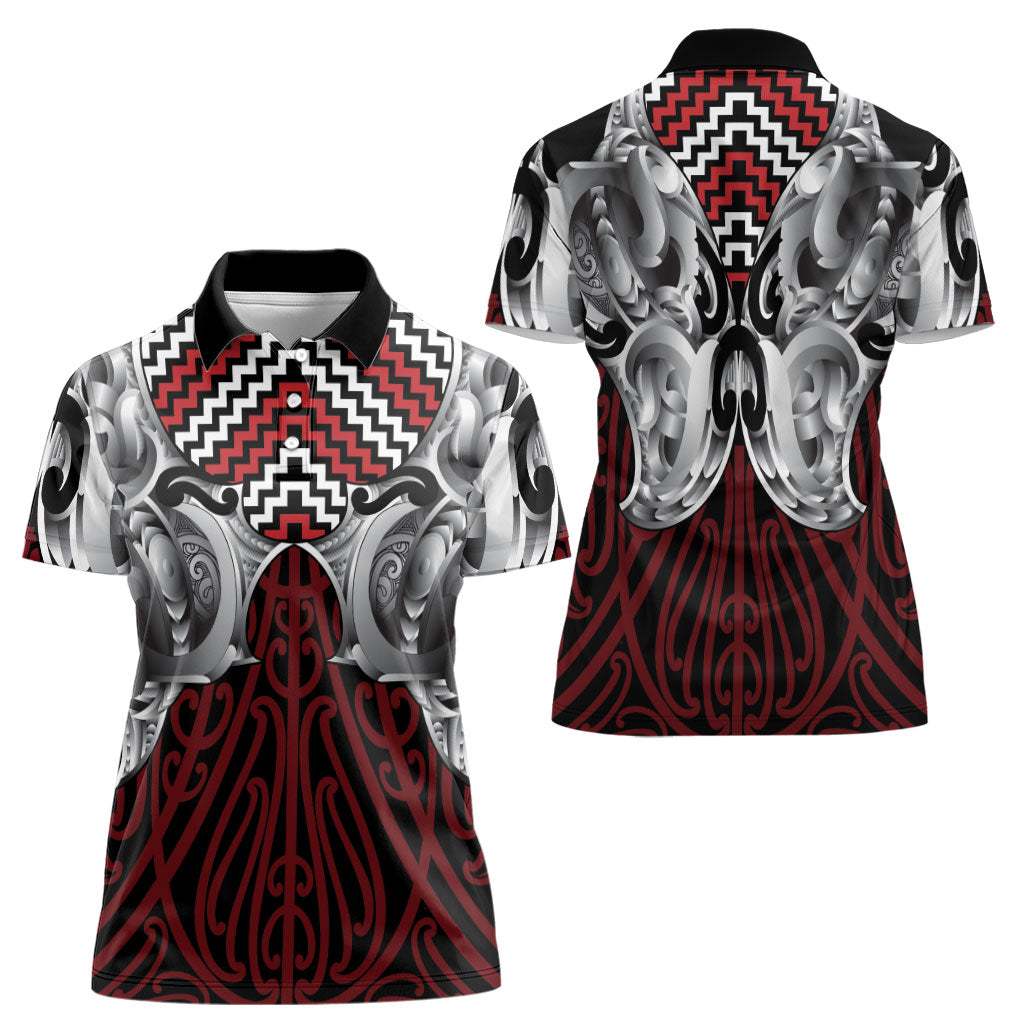 Aotearoa Kowhaiwhai Poutama Red Motif Women Polo Shirt LT9 - Polynesian Pride