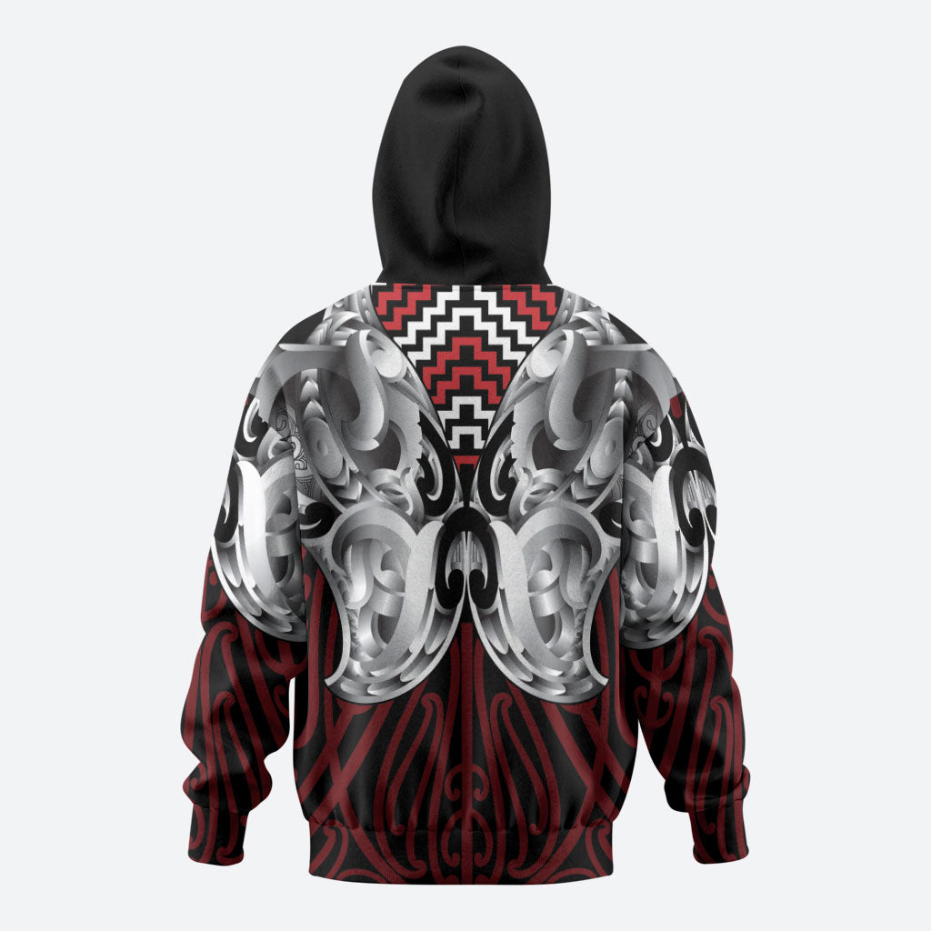 Aotearoa Kowhaiwhai Poutama Red Motif Zip Hoodie