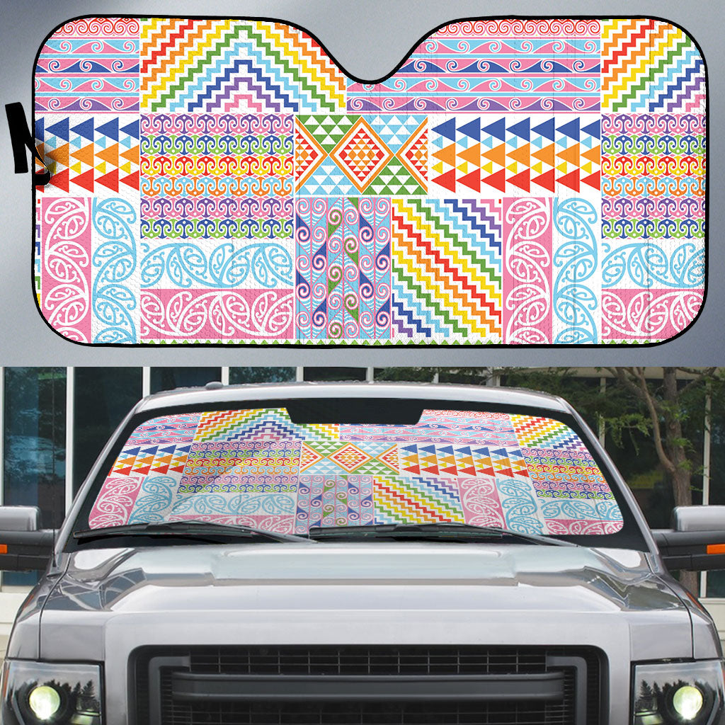 Aotearoa Kowhaiwhai Taniko Patchwork Rainbow Motifs Auto Sun Shade
