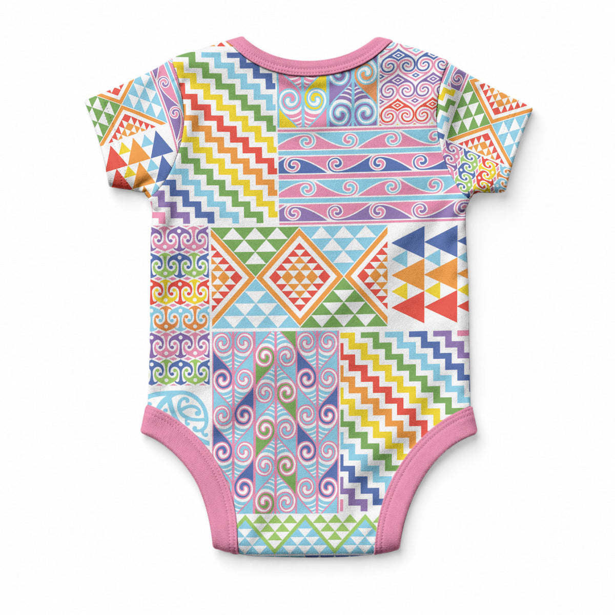Aotearoa Kowhaiwhai Taniko Patchwork Rainbow Motifs Baby Onesie
