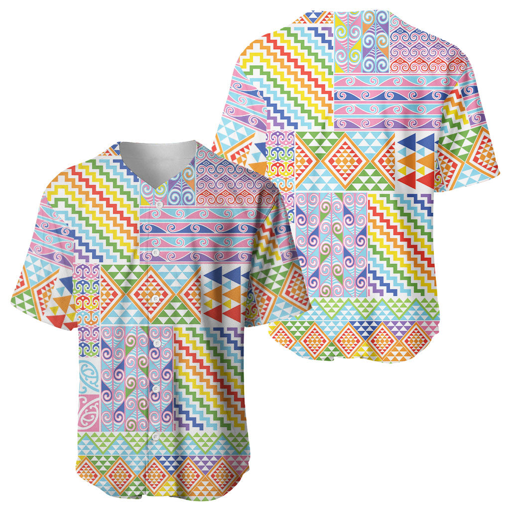 Aotearoa Kowhaiwhai Taniko Patchwork Rainbow Motifs Baseball Jersey