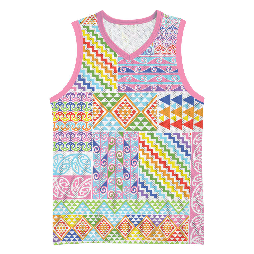 Aotearoa Kowhaiwhai Taniko Patchwork Rainbow Motifs Basketball Jersey LT9 Unisex Rainbow - Polynesian Pride
