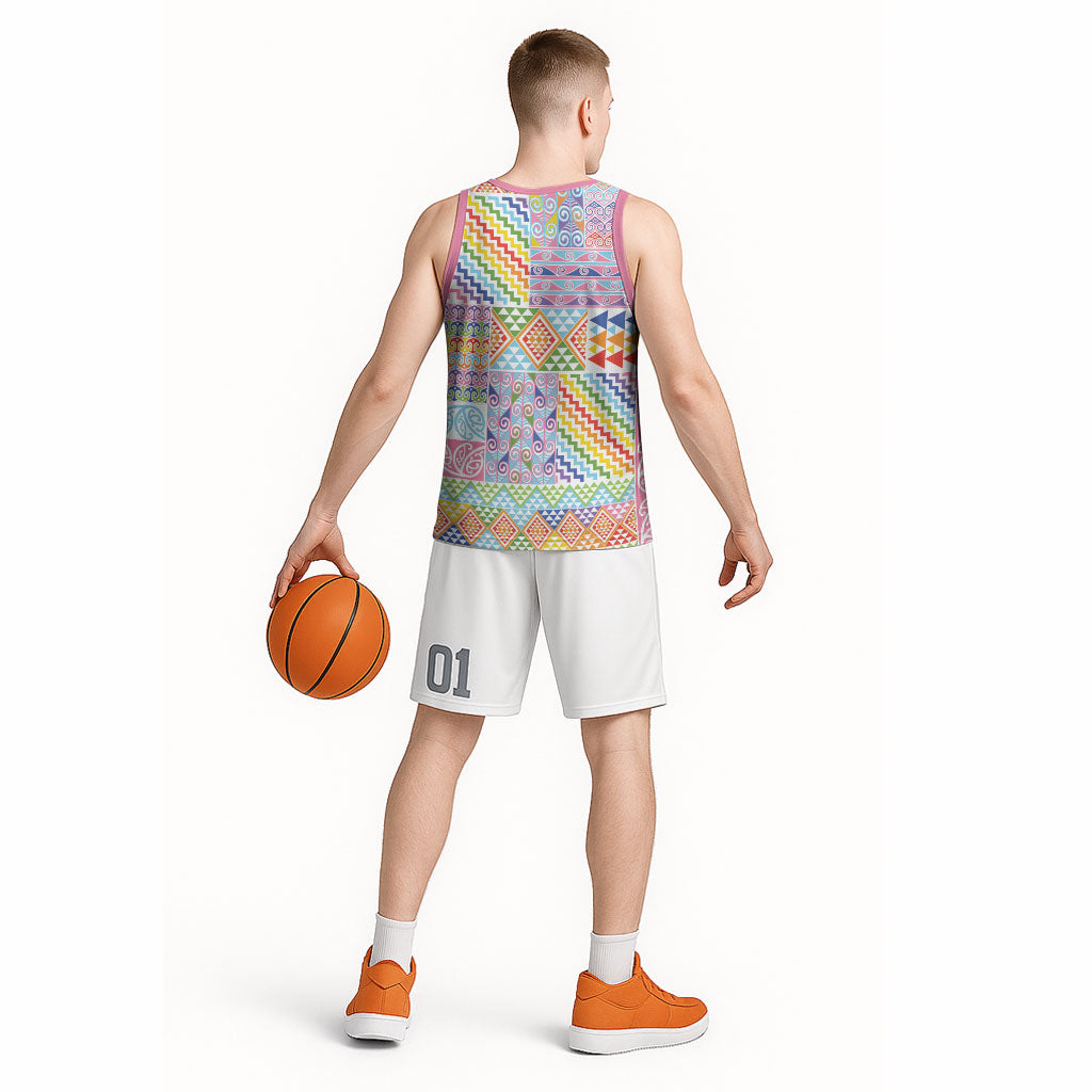 Aotearoa Kowhaiwhai Taniko Patchwork Rainbow Motifs Basketball Jersey