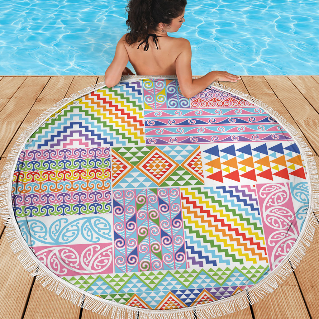 Aotearoa Kowhaiwhai Taniko Patchwork Rainbow Motifs Beach Blanket