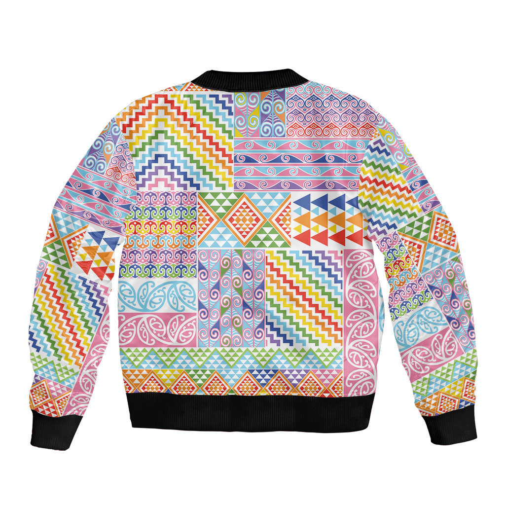 Aotearoa Kowhaiwhai Taniko Patchwork Rainbow Motifs Bomber Jacket