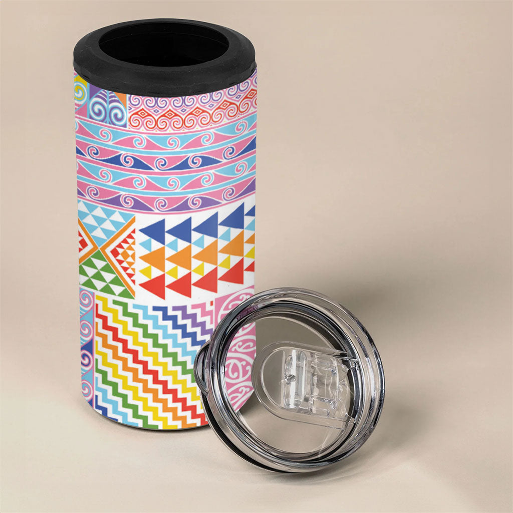 Aotearoa Kowhaiwhai Taniko Patchwork Rainbow Motifs 4 in 1 Can Cooler Tumbler