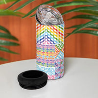Aotearoa Kowhaiwhai Taniko Patchwork Rainbow Motifs 4 in 1 Can Cooler Tumbler