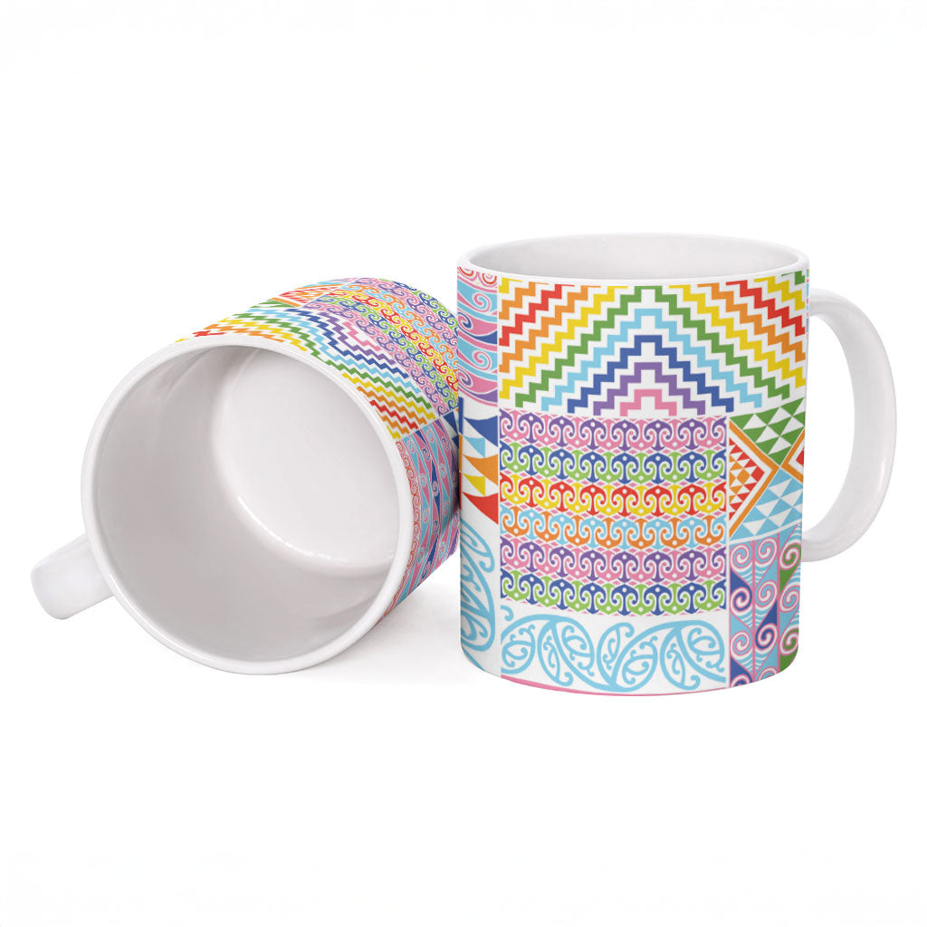 Aotearoa Kowhaiwhai Taniko Patchwork Rainbow Motifs Ceramic Mug