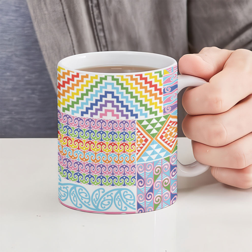 Aotearoa Kowhaiwhai Taniko Patchwork Rainbow Motifs Ceramic Mug