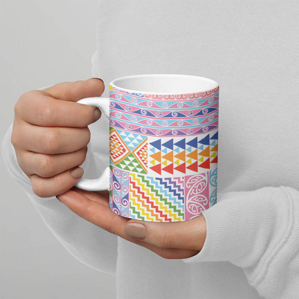 Aotearoa Kowhaiwhai Taniko Patchwork Rainbow Motifs Ceramic Mug