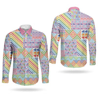 Aotearoa Kowhaiwhai Taniko Patchwork Rainbow Motifs Couples Matching Off Shoulder Maxi Dress and Long Sleeve Button Shirt LT9 - Polynesian Pride
