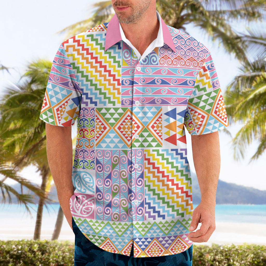 Aotearoa Kowhaiwhai Taniko Patchwork Rainbow Motifs Hawaiian Shirt