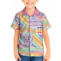 Aotearoa Kowhaiwhai Taniko Patchwork Rainbow Motifs Kid Hawaiian Shirt