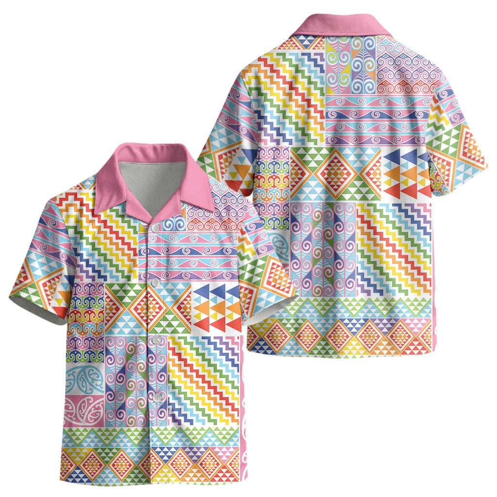 Aotearoa Kowhaiwhai Taniko Patchwork Rainbow Motifs Kid Hawaiian Shirt