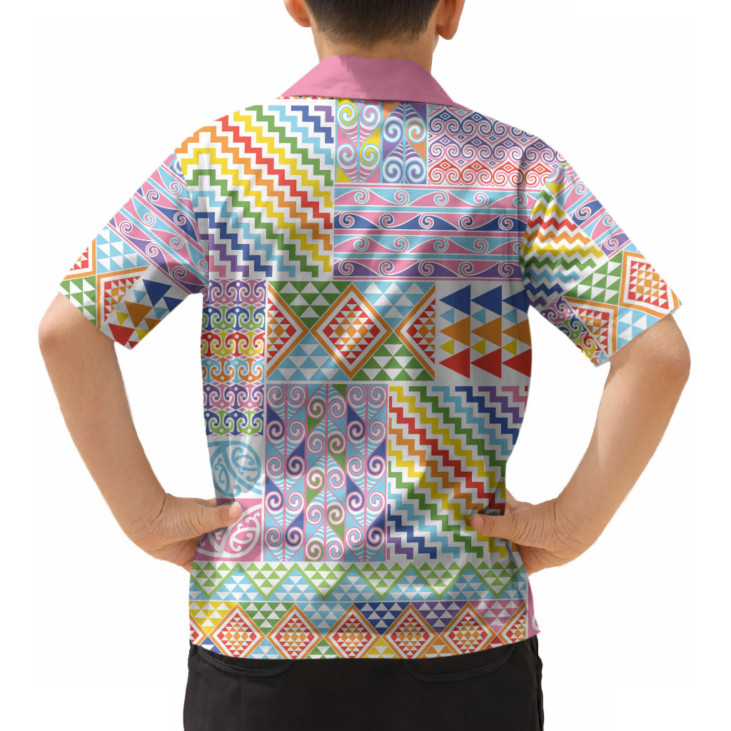 Aotearoa Kowhaiwhai Taniko Patchwork Rainbow Motifs Kid Hawaiian Shirt