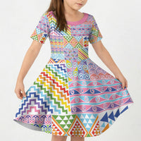 Aotearoa Kowhaiwhai Taniko Patchwork Rainbow Motifs Kid Short Sleeve Dress