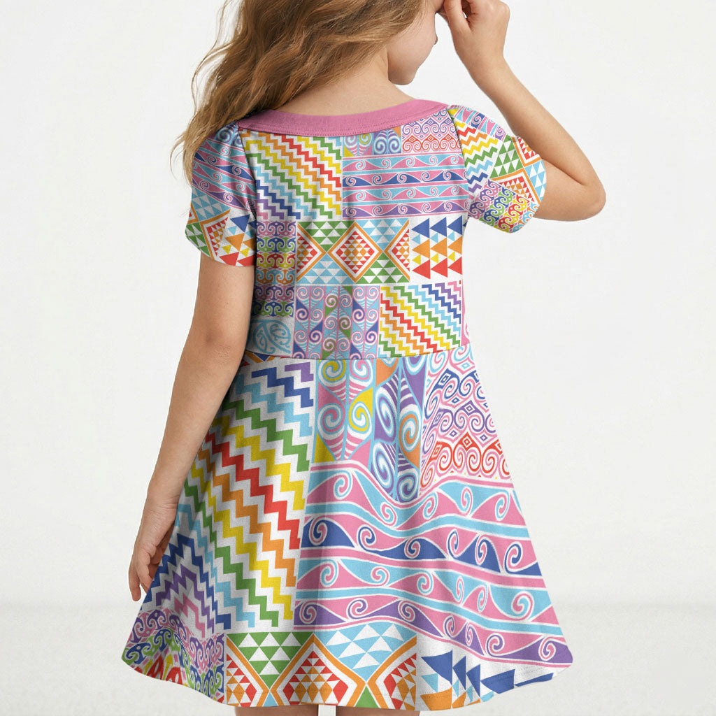 Aotearoa Kowhaiwhai Taniko Patchwork Rainbow Motifs Kid Short Sleeve Dress