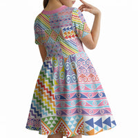 Aotearoa Kowhaiwhai Taniko Patchwork Rainbow Motifs Kid Short Sleeve Dress