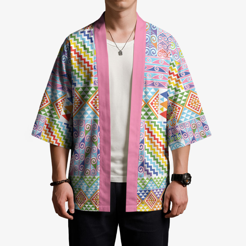 Aotearoa Kowhaiwhai Taniko Patchwork Rainbow Motifs Kimono
