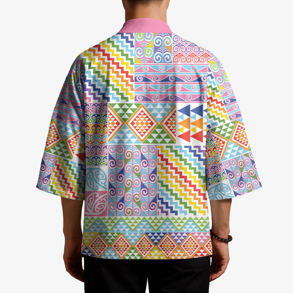 Aotearoa Kowhaiwhai Taniko Patchwork Rainbow Motifs Kimono
