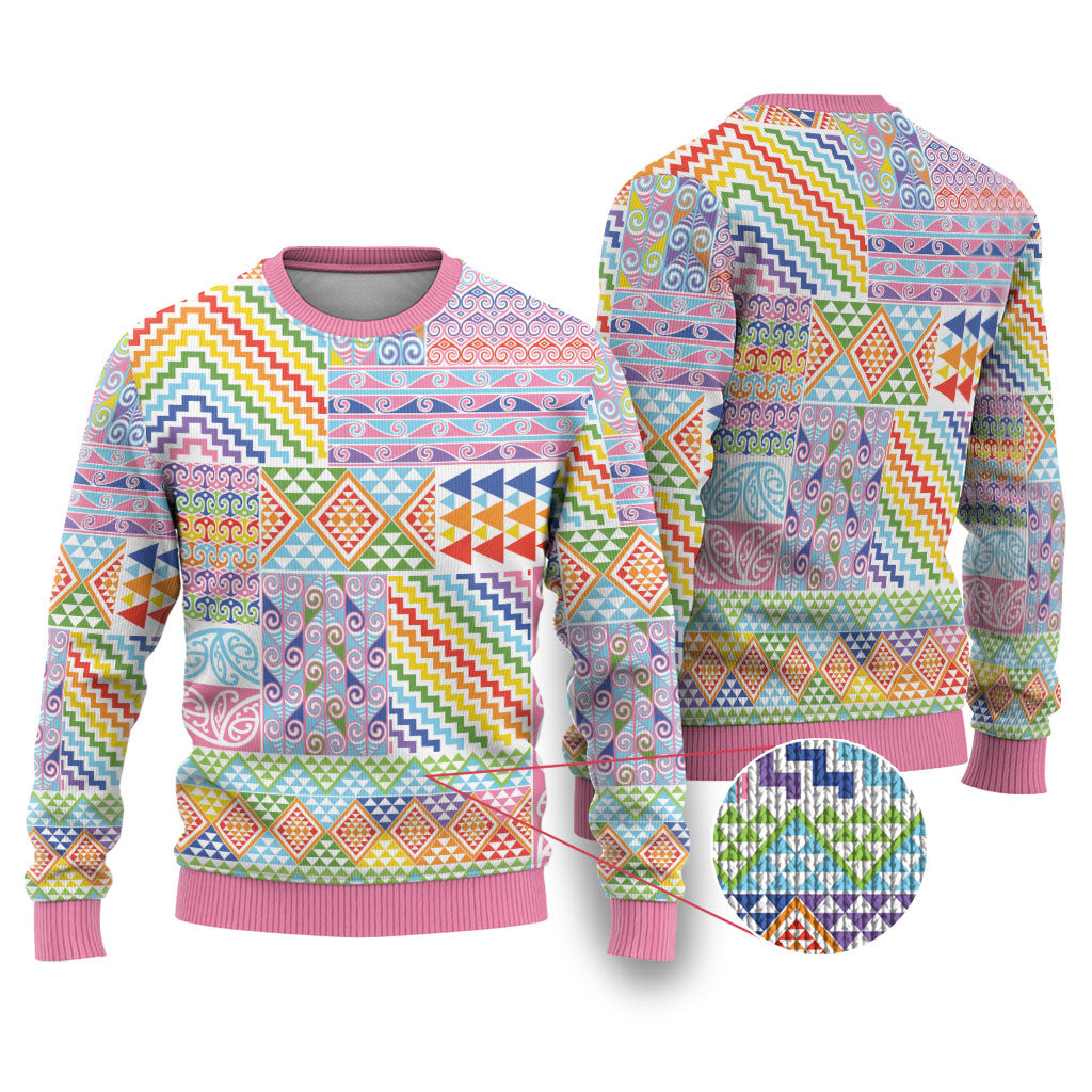 Aotearoa Kowhaiwhai Taniko Patchwork Rainbow Motifs Ugly Christmas Sweater