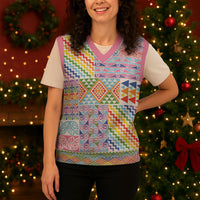 Aotearoa Kowhaiwhai Taniko Patchwork Rainbow Motifs Christmas Knitted V-Neck Vest