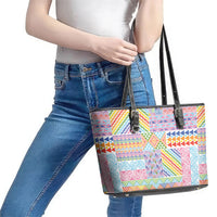 Aotearoa Kowhaiwhai Taniko Patchwork Rainbow Motifs Leather Tote Bag