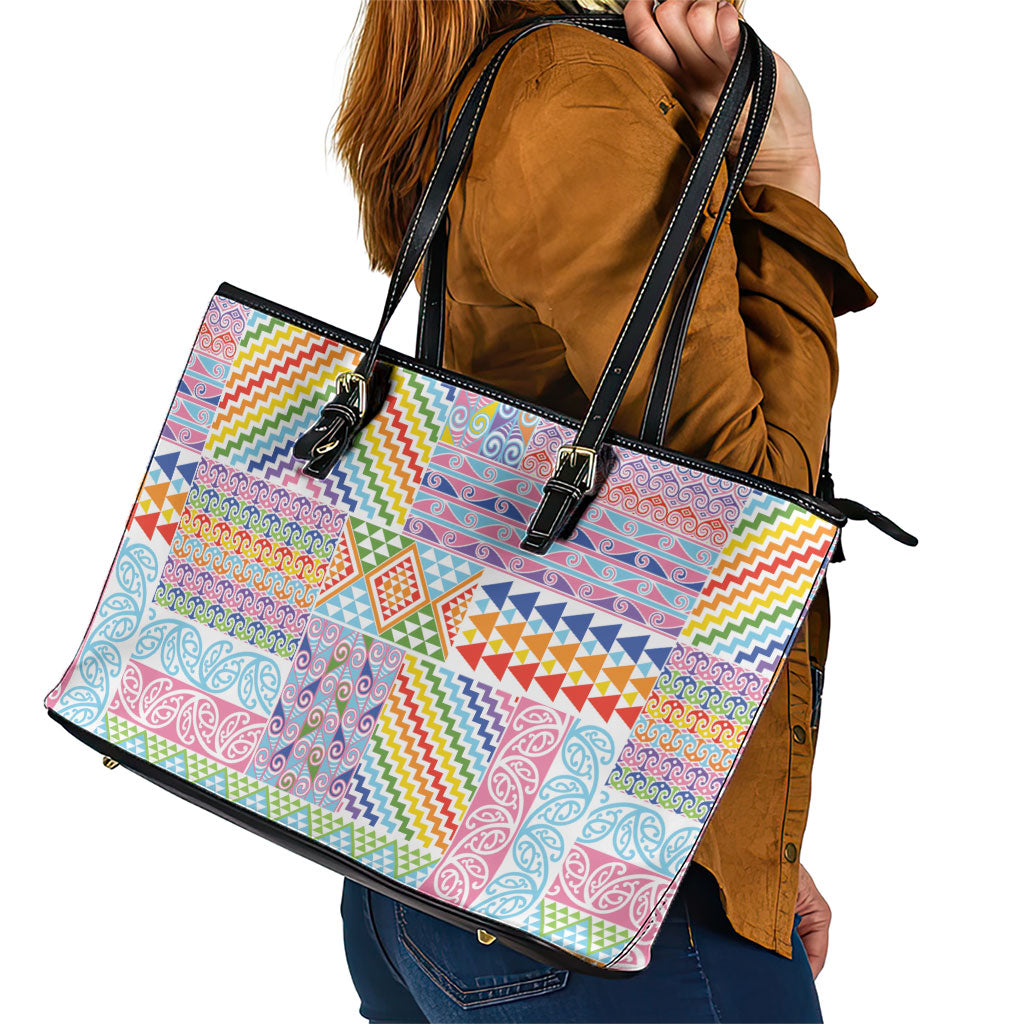 Aotearoa Kowhaiwhai Taniko Patchwork Rainbow Motifs Leather Tote Bag